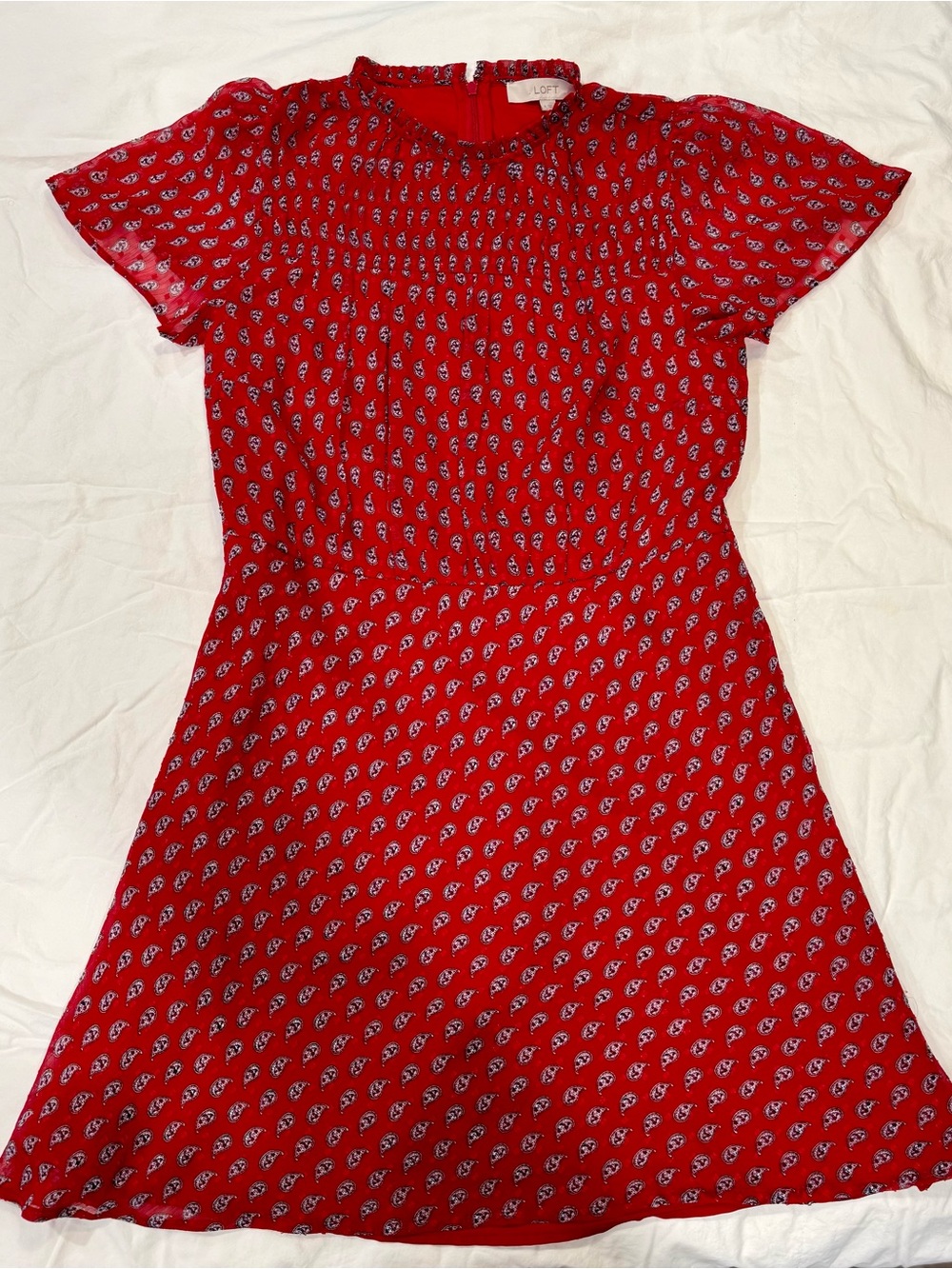 LOFT Red Paisley Smocked Flutter Sleeve Dress